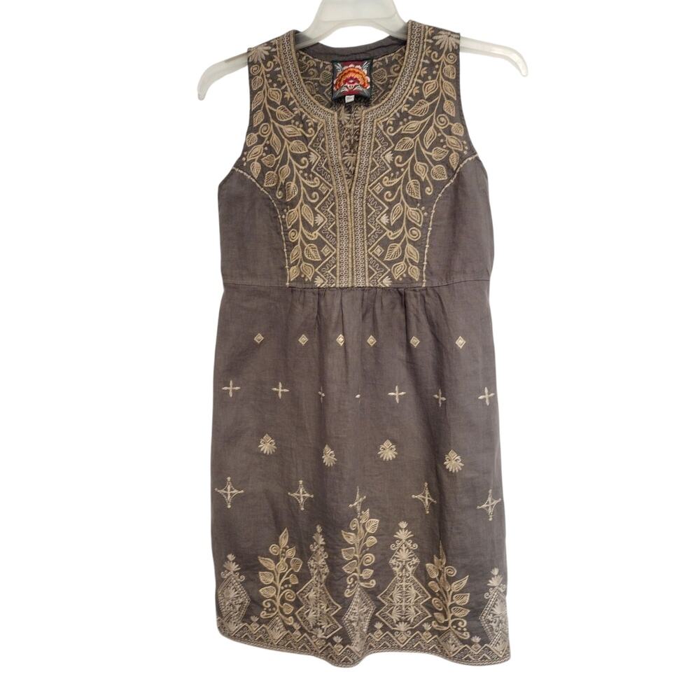 Johnny Was XS 100% Linen Embroidered Sleeveless Dress Boho Resort Cottagecore